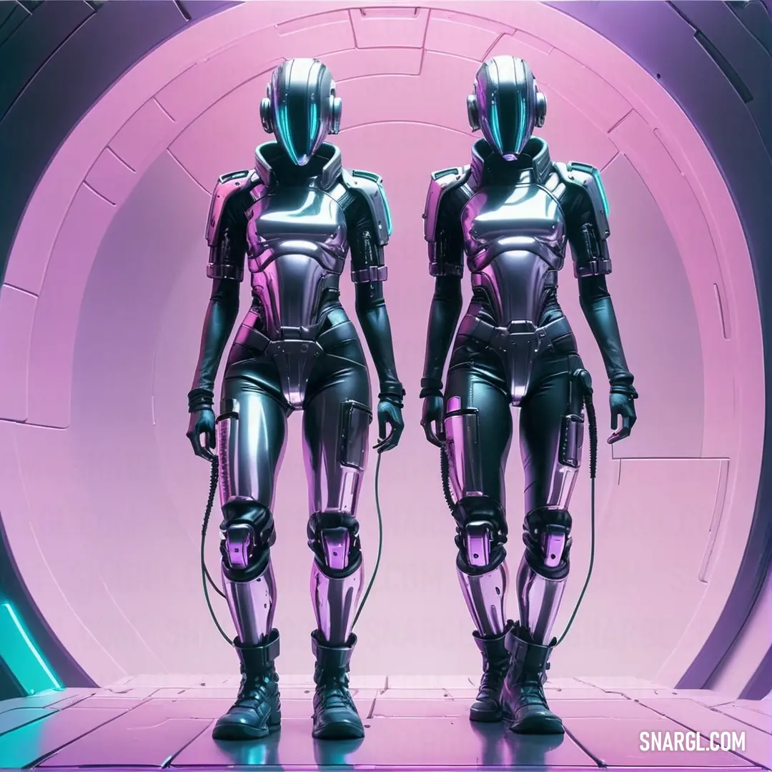 Two Cyberpunk women in full body armor standing in a tunnel with a neon light behind them and a pink background