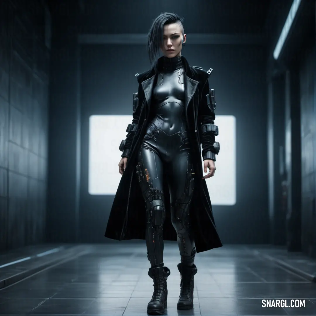 Woman in a black leather outfit and boots walking down a hallway