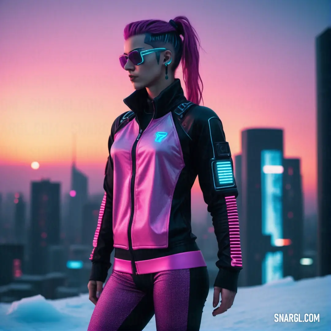 Woman in a futuristic outfit standing in the snow at sunset with a city in the background with a pink sky