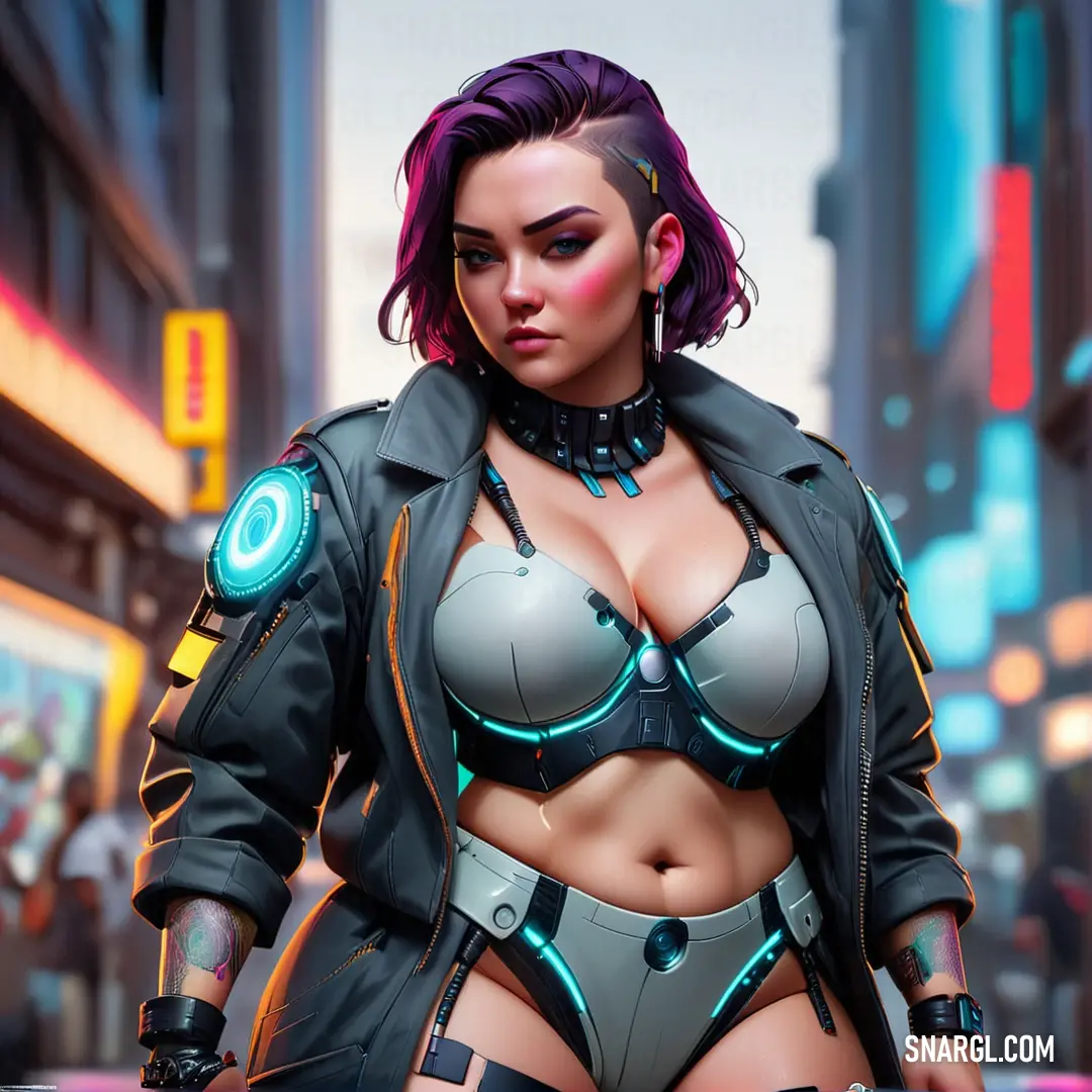 Woman in a futuristic outfit standing in the street with a neon light on her chest