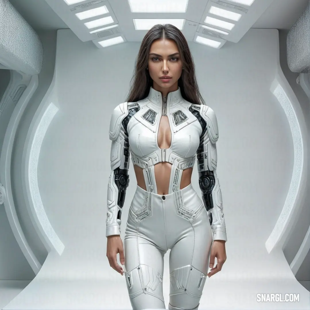 Woman in a futuristic suit and boots standing in a room with a futuristic ceiling and a white background