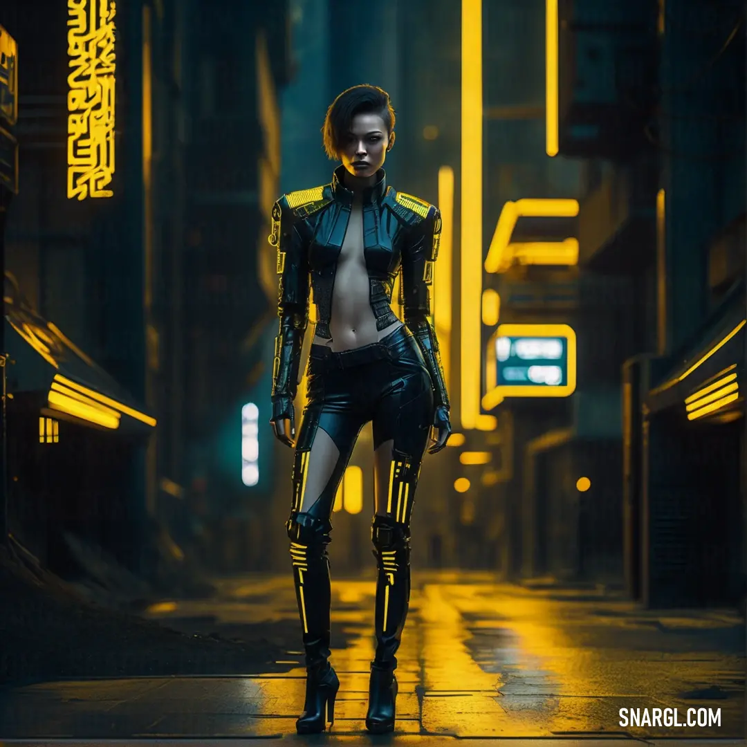 Woman in a futuristic suit is walking down a street at night with neon lights behind her