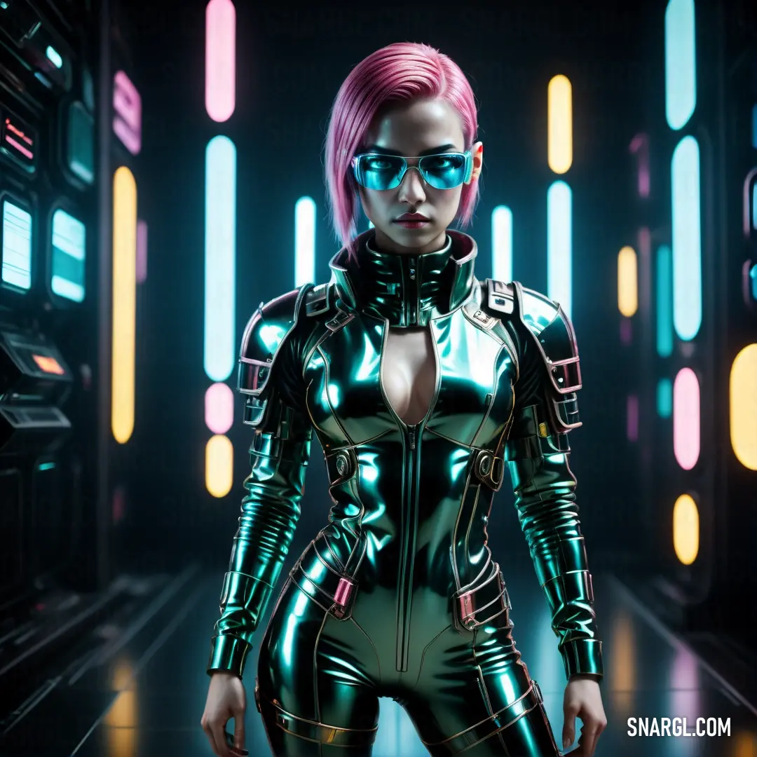 Woman in a futuristic suit and goggles standing in a hallway with neon lights behind her and a black background