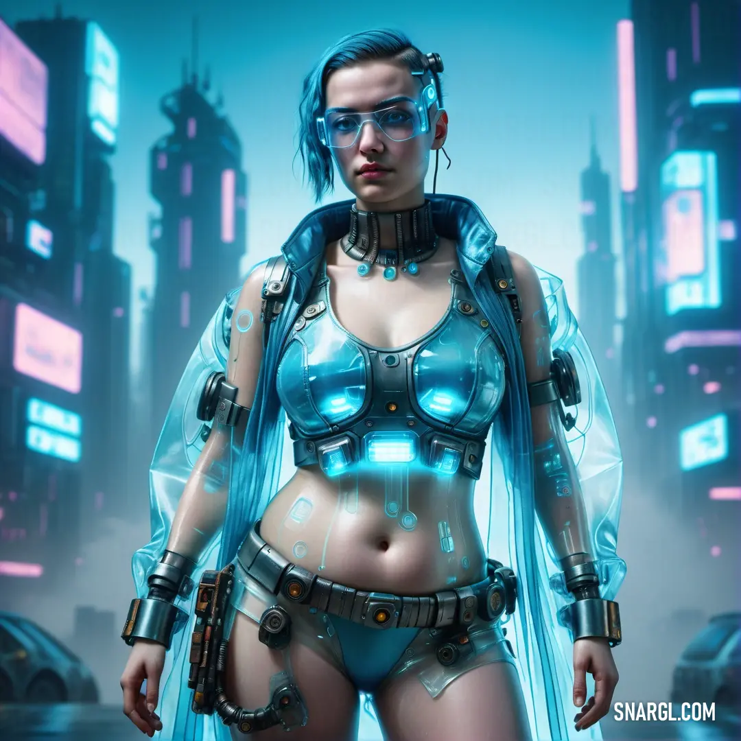 Woman in a futuristic suit with futuristic gadgets on her chest