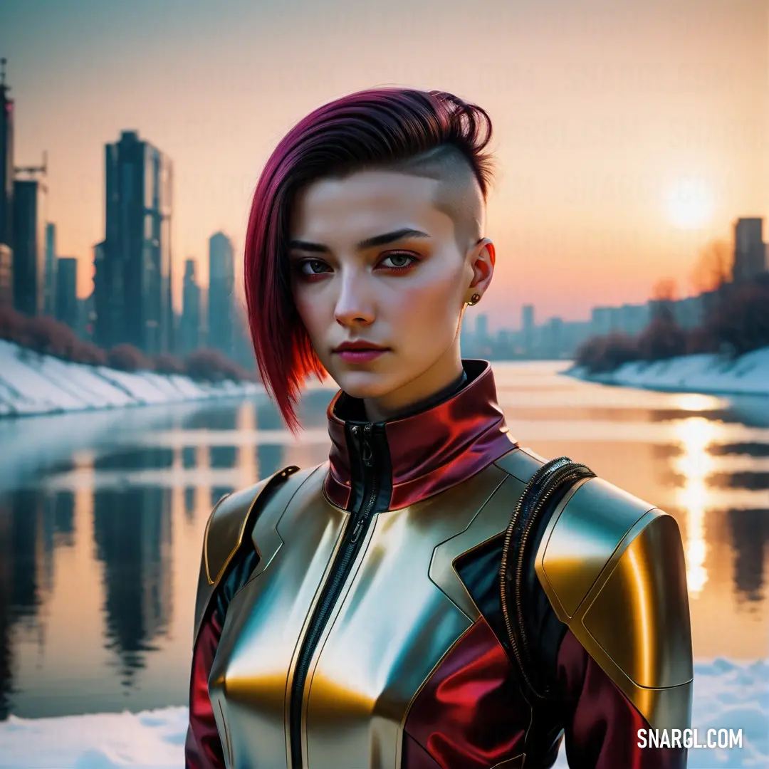 Woman in a futuristic suit standing in the snow near a lake with a city in the background at sunset