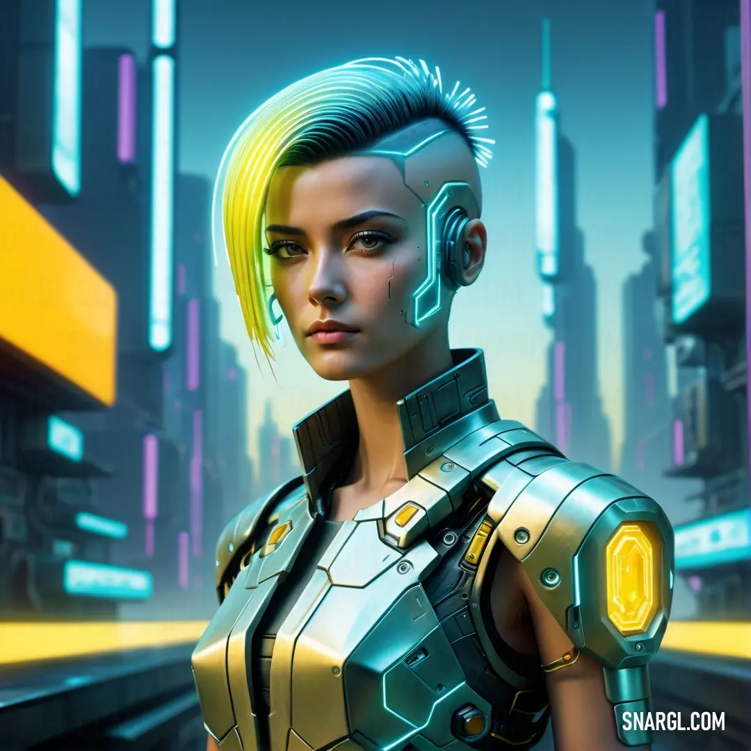 Woman in a futuristic suit standing in front of a cityscape with a yellow light on her head