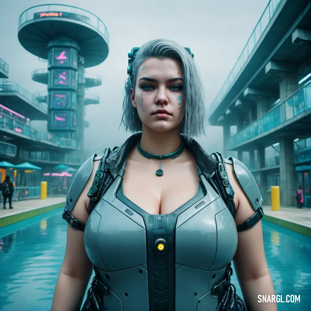 Woman in a futuristic suit standing in front of a pool of water