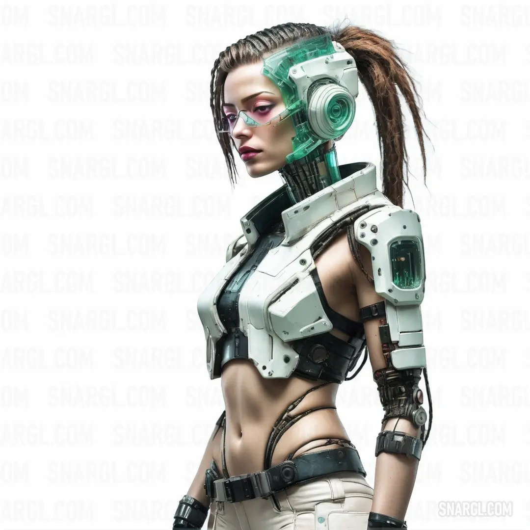Woman in a futuristic suit with a green headpiece and a pair of headphones on her head