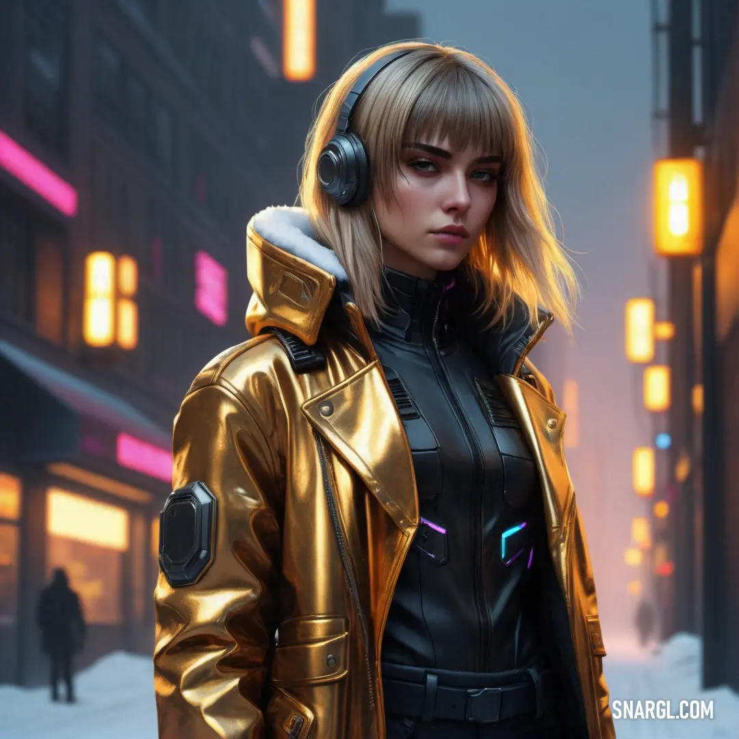 Woman in a gold jacket is standing in the snow wearing headphones and a pair of headphones