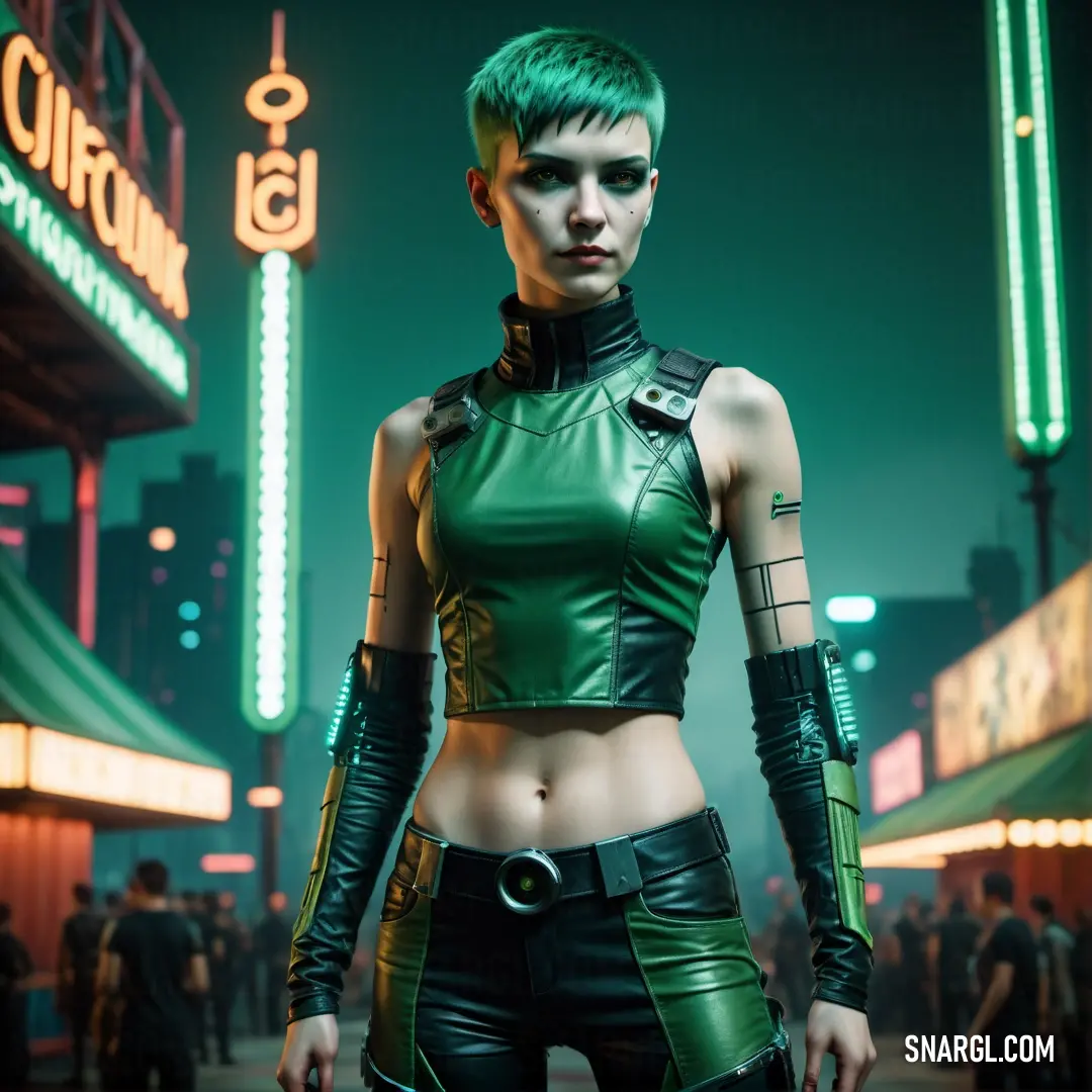 Woman in a green leather outfit standing in front of a neon sign at night