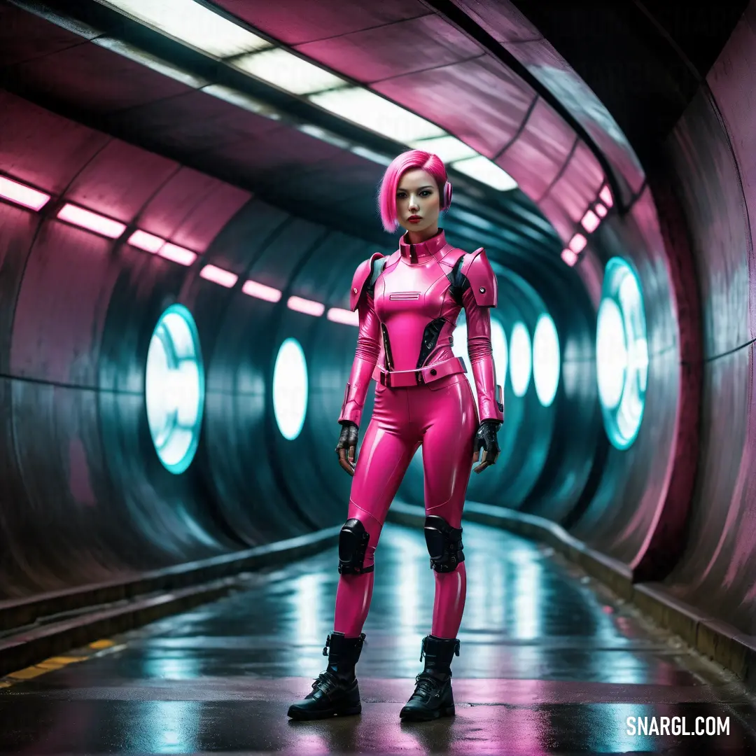 Woman in a pink suit standing in a tunnel with lights on the ceiling and a helmet on her head