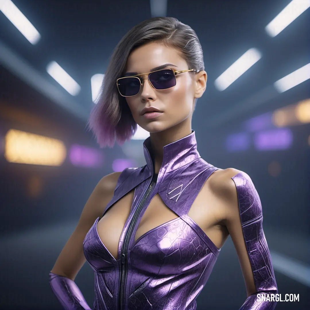 Woman in a purple leather outfit and sunglasses posing for a picture in a futuristic setting with lights