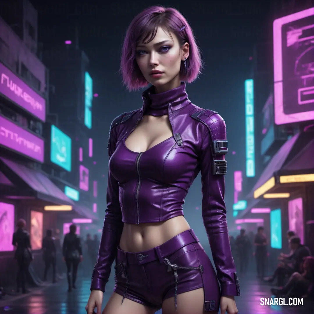 Woman in a purple outfit standing in a city at night with neon lights on the buildings and people walking around