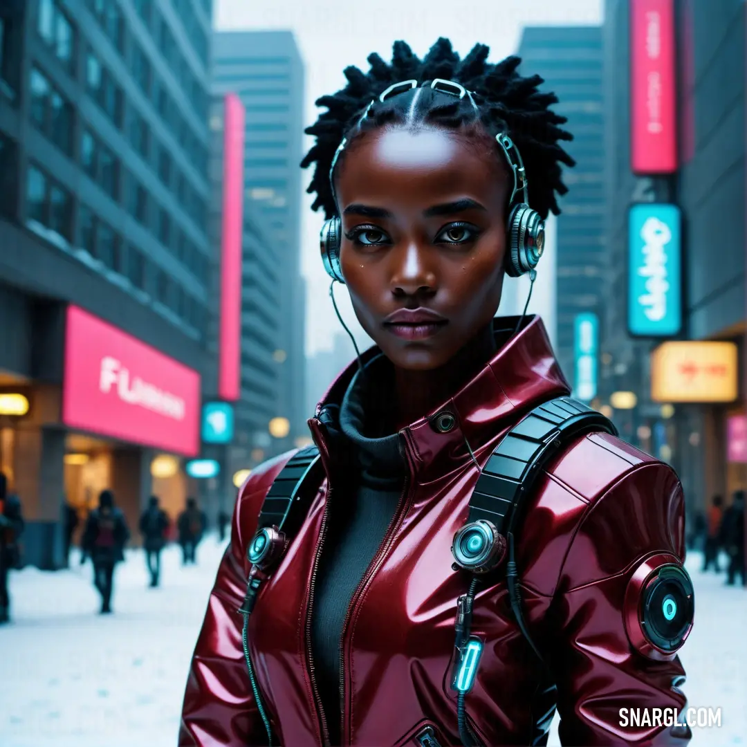 Woman in a red jacket with headphones on her head standing in the middle of a city street