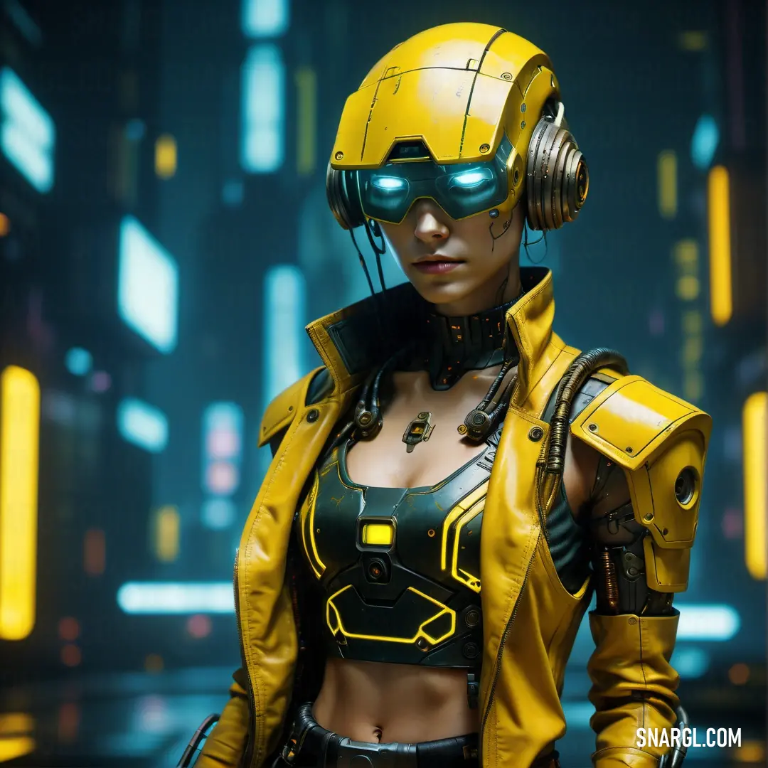 Woman in a yellow leather outfit and headphones standing in a futuristic city at night