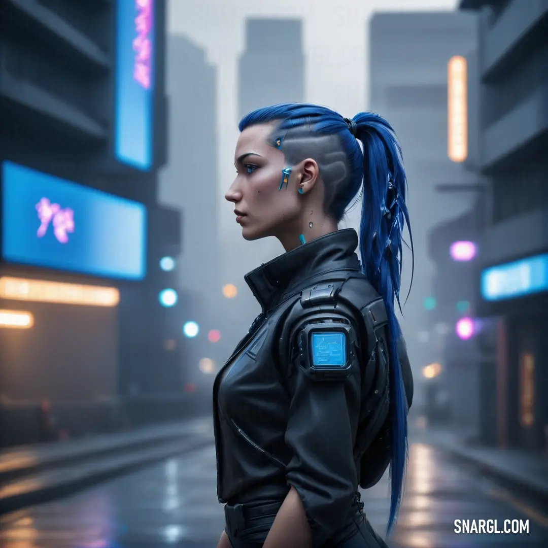 Woman with blue hair and piercings standing in the rain in a city street at night with neon signs