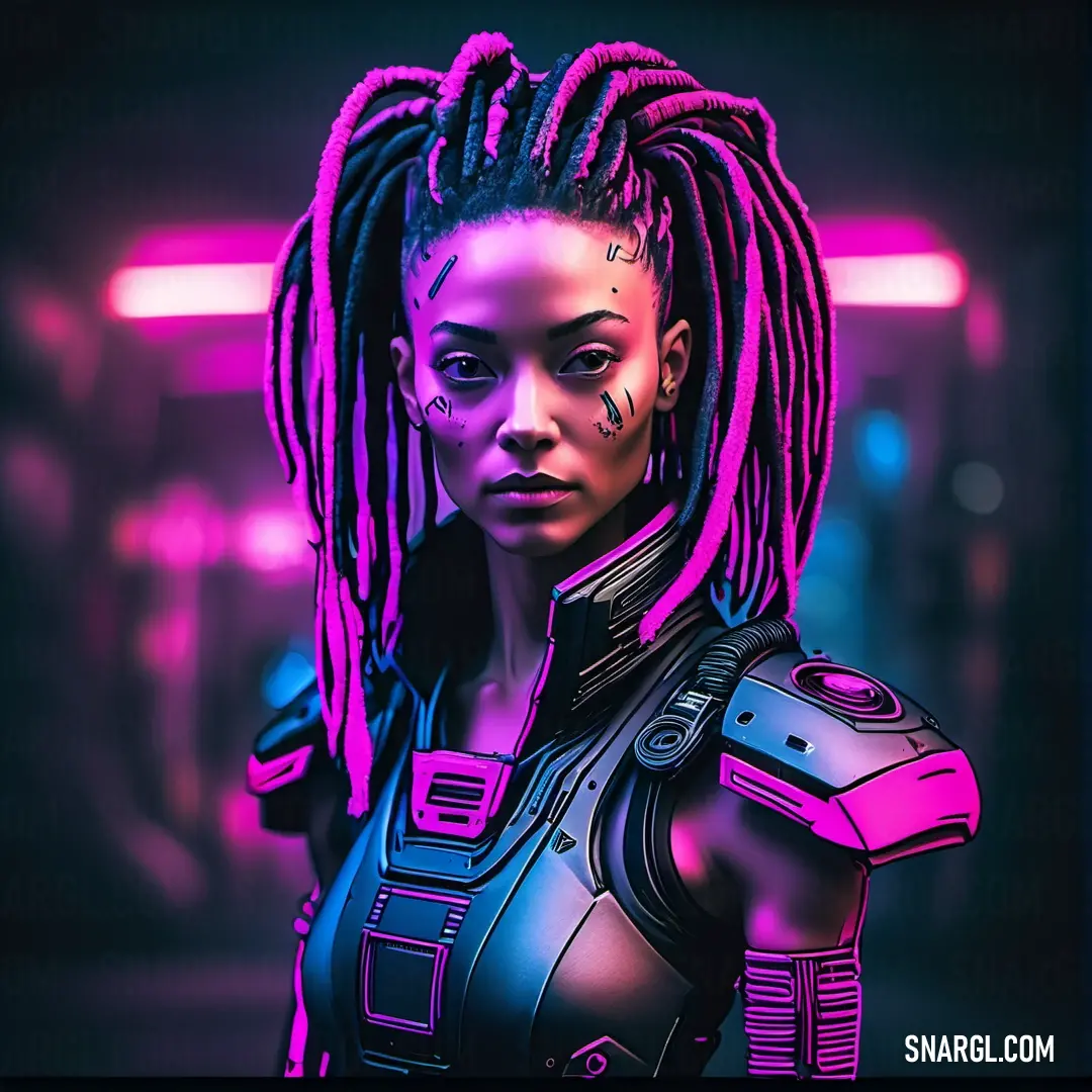 Woman with dreadlocks and a pink background is wearing a futuristic suit and a pink light is shining on her face