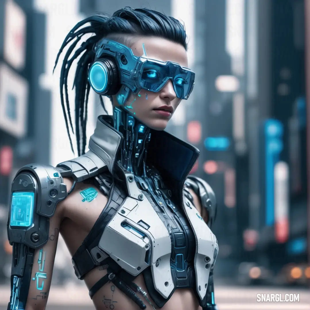 Woman with futuristic glasses and a sci - fi fil suit on her body in a city street