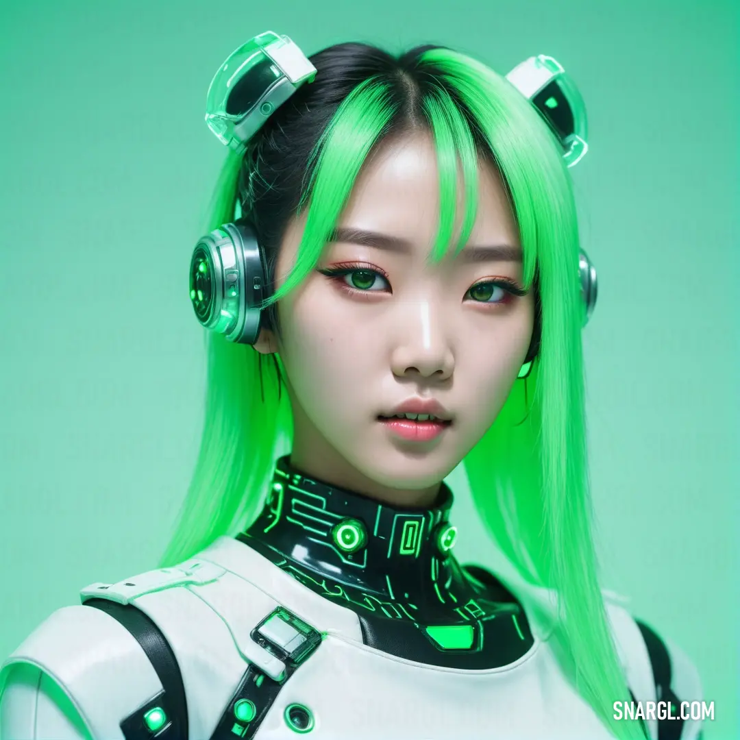 Woman with green hair and headphones on her head