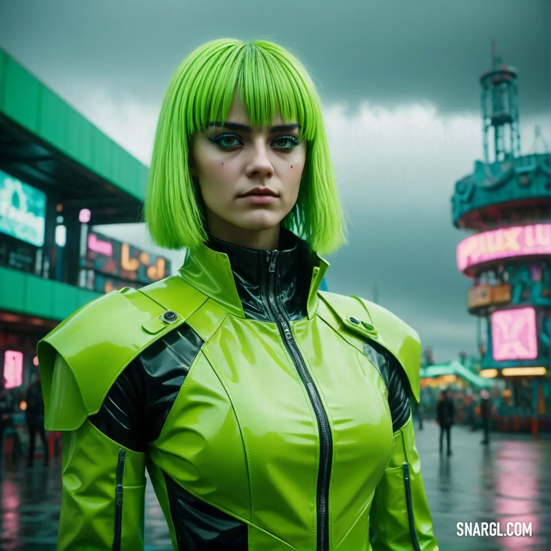 Woman with green hair and a green jacket on in the rain outside a neon colored building