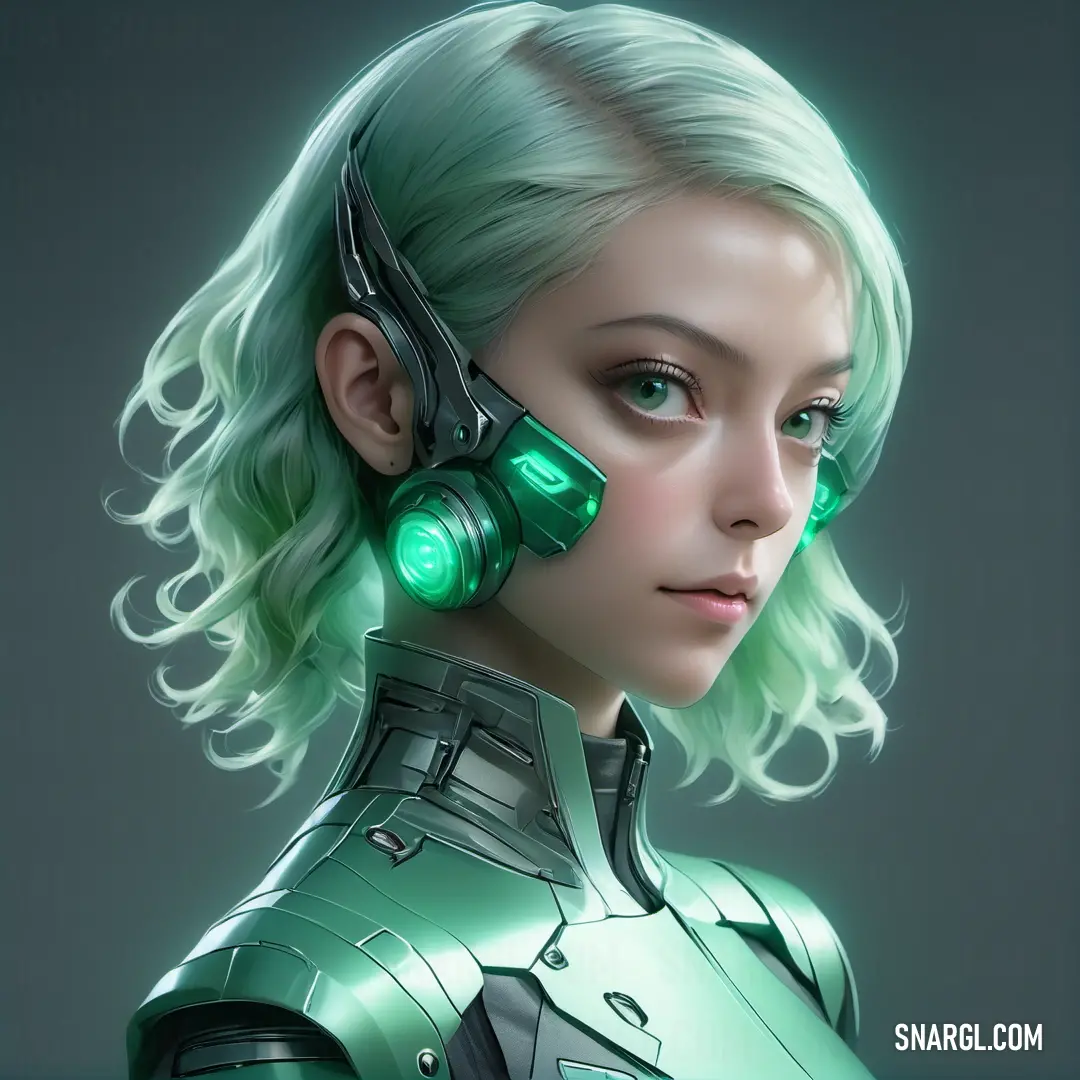 Woman with green hair and a futuristic suit on her head