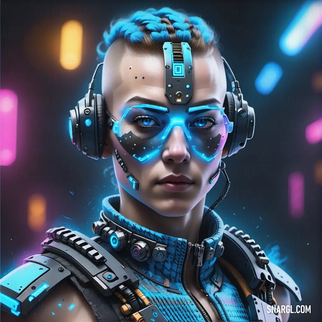 Woman with headphones and a futuristic suit on her face