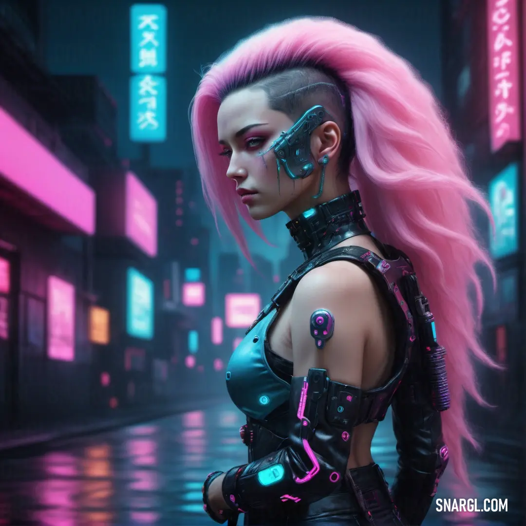 Woman with pink hair and futuristic garb in a city at night with neon lights