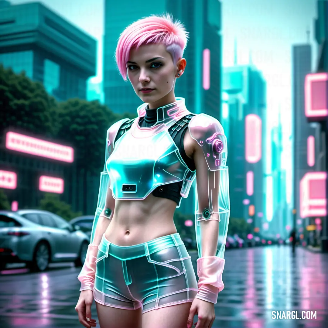 Woman with pink hair and a futuristic outfit standing in the rain in a city street with neon lights