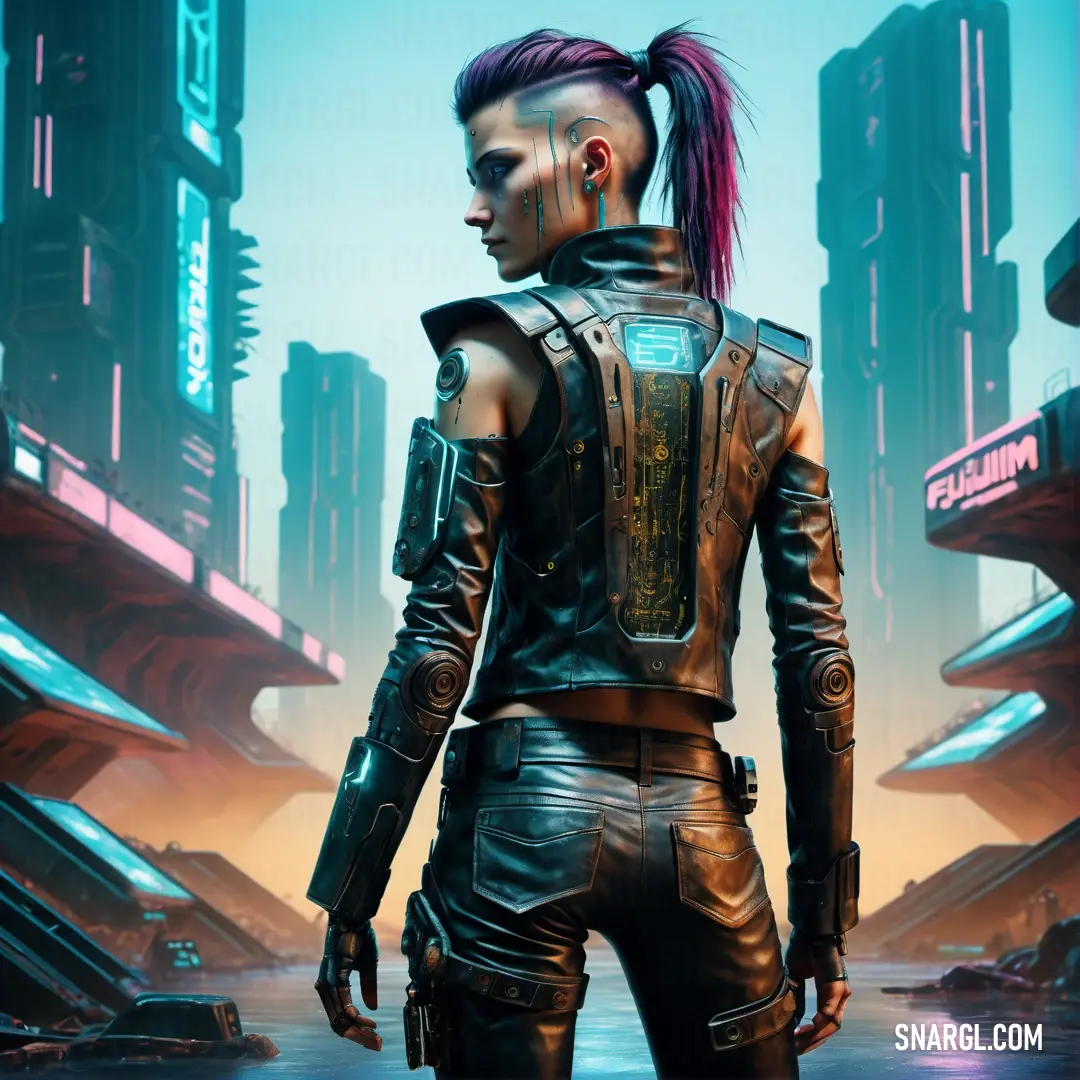 Woman with pink hair and futuristic outfit standing in front of a cityscape with neon lights