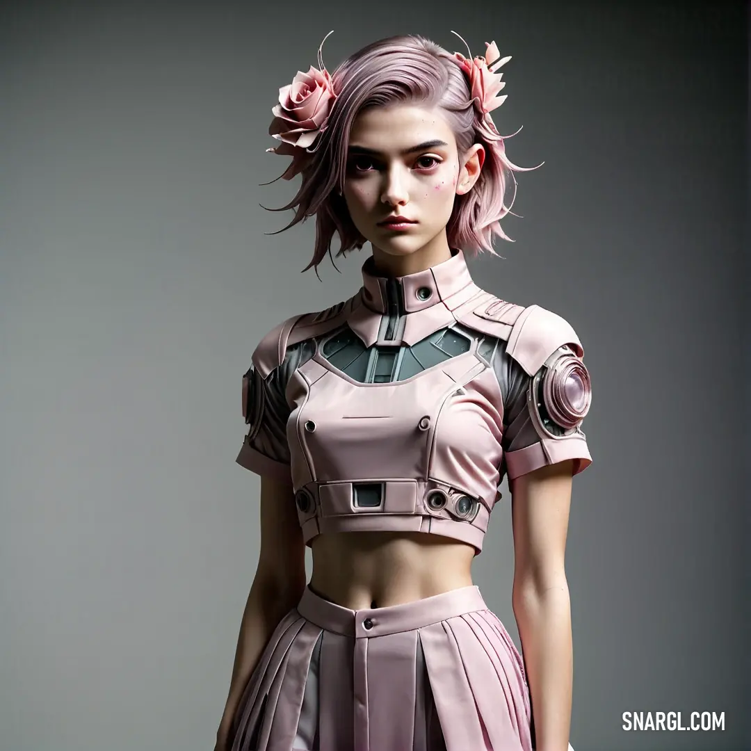 Woman with pink hair and a futuristic outfit on a runway with a flower in her hair