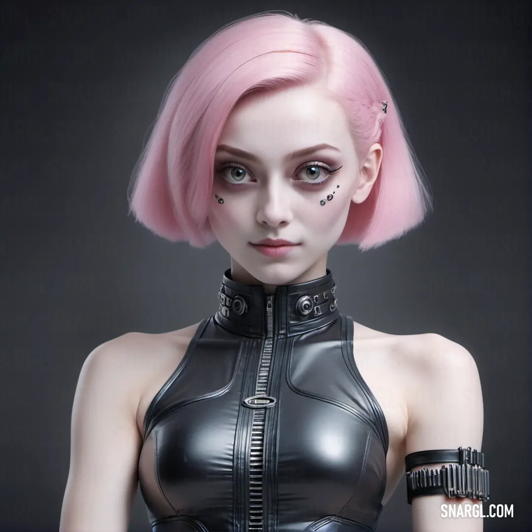 Woman with pink hair and a black leather outfit with a zippered collar and cuffs on her chest