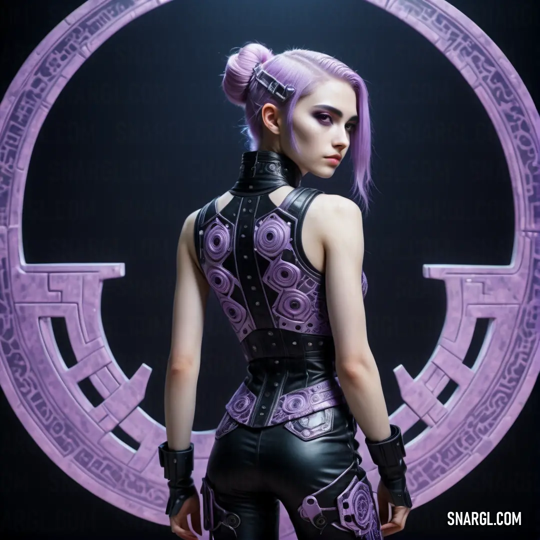 Woman with purple hair and a black outfit standing in front of a circular object