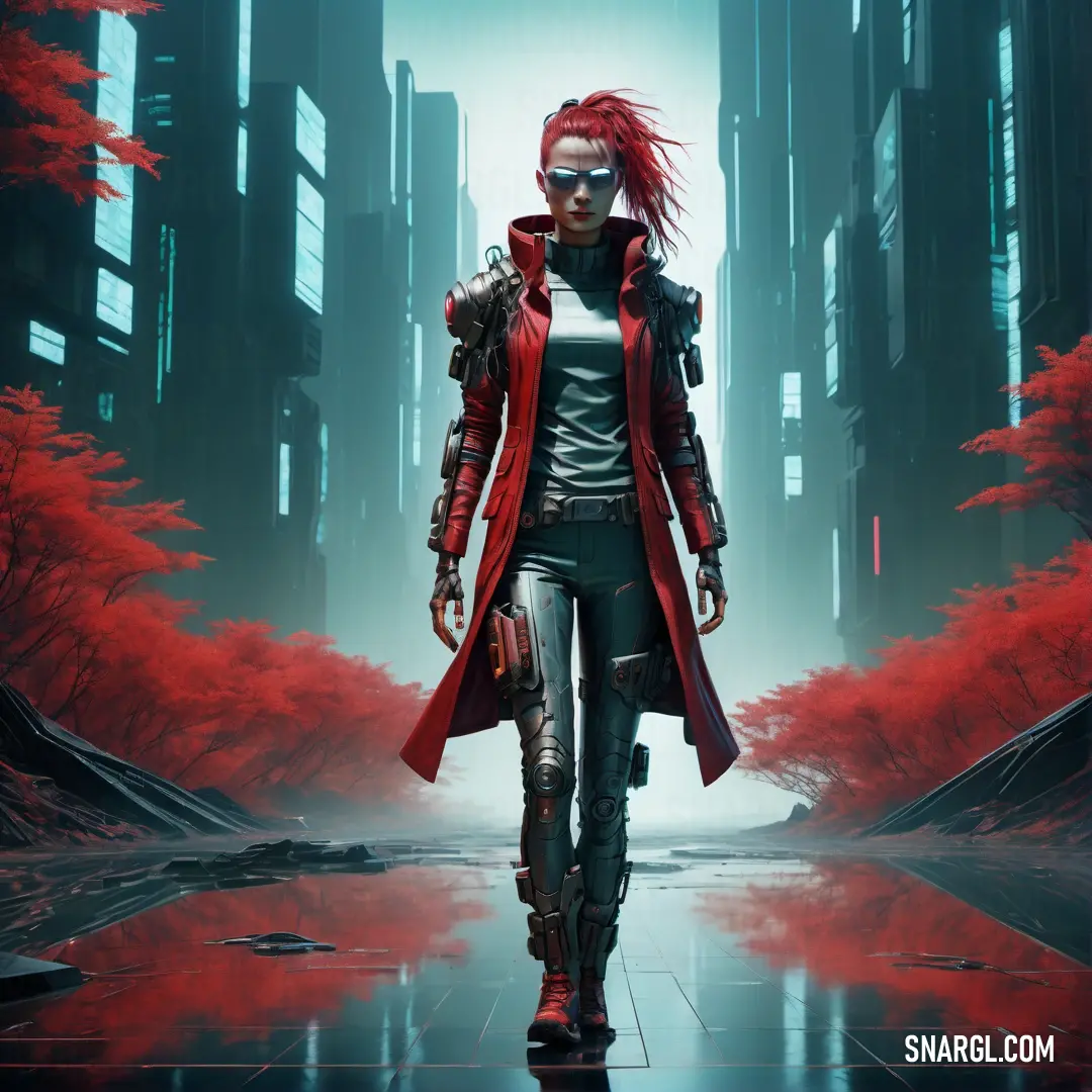 Woman with red hair and a red coat walking down a street in a futuristic city