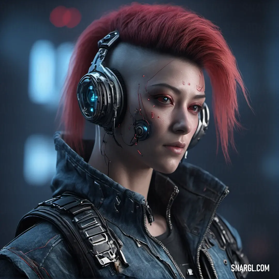 Woman with red hair wearing headphones and a jacket with a futuristic design on it's face