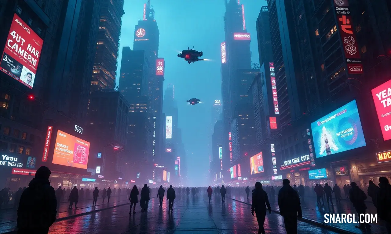 A rainy night in a futuristic city, where bustling crowds and planes converge. A futuristic city unfolds before our eyes, where people stroll through the rain-soaked streets at night, illuminated by vibrant lights, and a plane gracefully glides overhead, adding to the urban spectacle.
