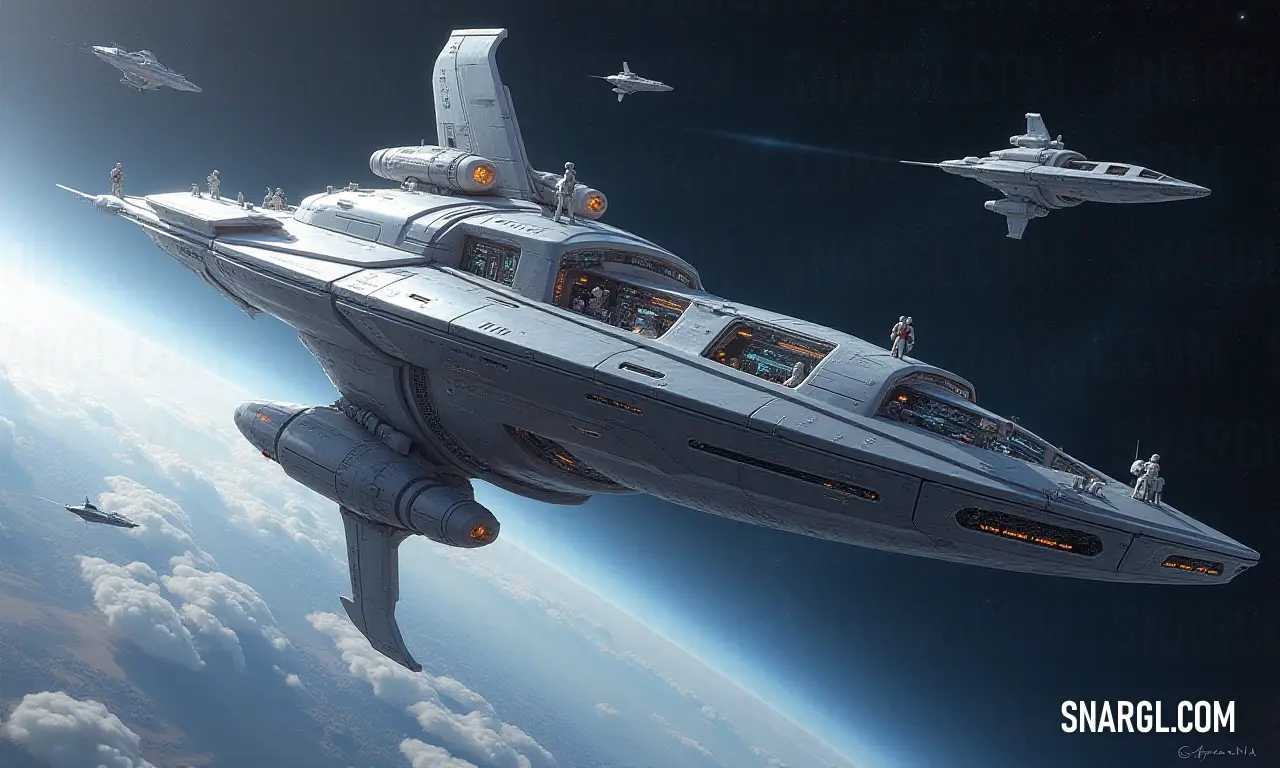 A futuristic spaceship gliding over the Earth with additional ships in the background A futuristic spaceship soars over the Earth, flanked by other sleek vessels against the backdrop of a distant planet, showcasing humanity's ambition to explore beyond its own boundaries and into the vast universe.