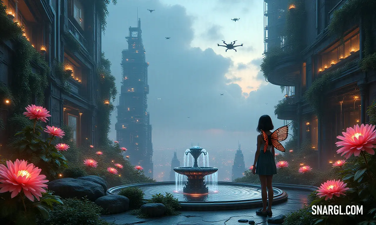 A girl in a beautiful courtyard with a fountain and a vibrant city behind her A young girl stands in a picturesque courtyard adorned with a charming fountain and colorful flowers, as a majestic city skyline provides a stunning backdrop to this serene and dreamlike scene.