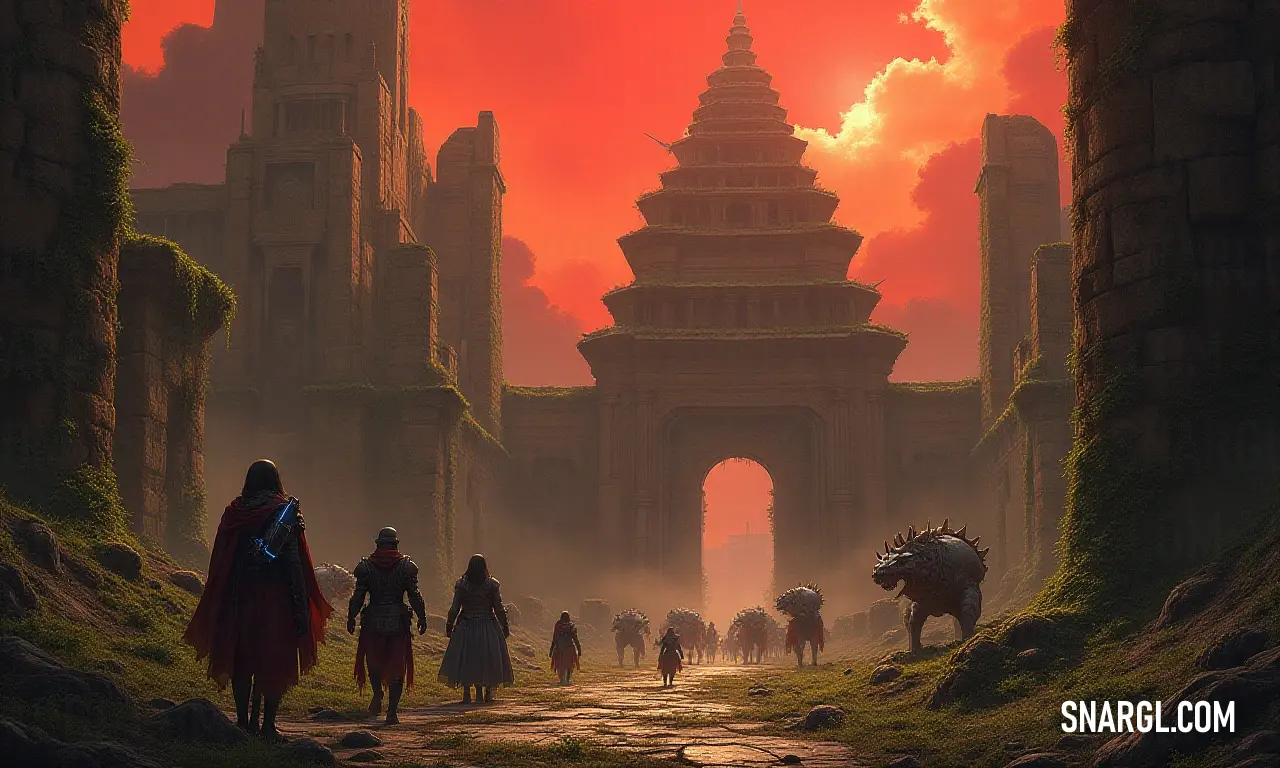 People journey down a rustic path under a dramatic red sky beside an imposing building. A diverse group of people traverse a rustic dirt road, with a grand building towering behind them, illuminated by the vivid and dramatic hues of a striking red sky at sunset.