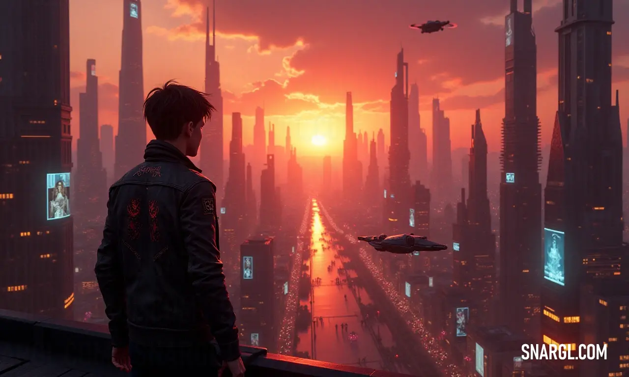 A man gazing at a stunning futuristic city at sunset with a spaceship soaring overhead A man gazes thoughtfully at a vibrant futuristic city silhouetted against a breathtaking sunset, while a sleek spaceship glides gracefully above the skyline, adding a sense of adventure and wonder to the scene.