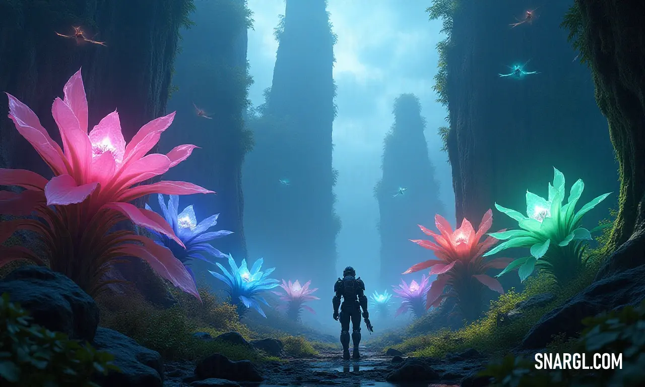 A man admiring a vibrant forest with flowers and a bird soaring above A man stands amidst a lush forest filled with blooming flowers, marveling at the tranquil scene as a bird gracefully takes flight overhead, signifying the beauty of nature intertwined with the human experience.