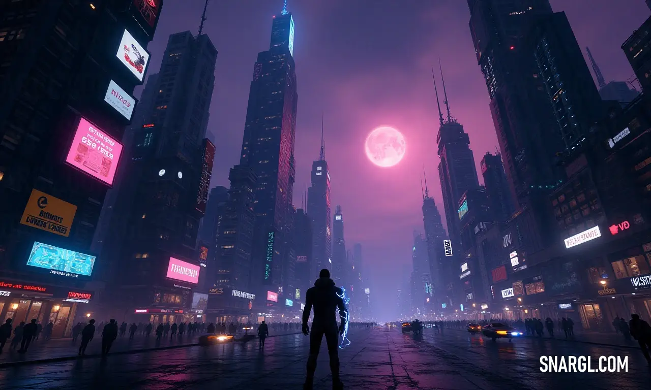 A lone figure in a vibrant cityscape under the luminous glow of the full moon at night. A solitary man stands amidst a bustling city at nighttime, with shimmering lights illuminating the urban landscape and a luminous full moon casting a serene glow in the dark sky above.