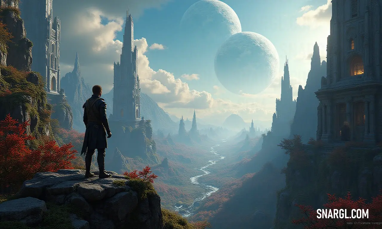 A man stands on a cliff, captivated by the beauty of a futuristic city and tranquil river below at sunset. On the edge of a dramatic cliff, a man gazes upon a futuristic city and a serene river below, framed by a picturesque distant sky filled with vibrant colors showcasing the beauty of the horizon at dusk.