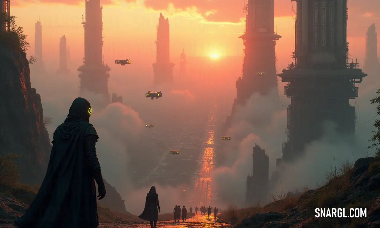 A man standing before a city skyline with a massive sun setting in the background A man stands confidently on a road, framed by towering skyscrapers bathed in the glow of a massive sun setting behind him, reflecting on the vast world of possibilities that lies ahead in this urban landscape.