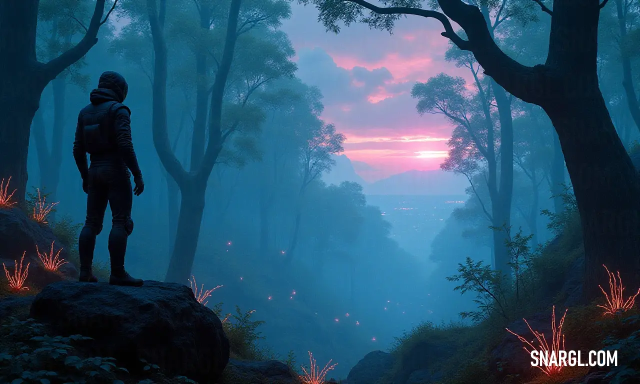 A peaceful scene of a man on a rock in a serene forest at sunset, bathed in the soft colors of evening, reflecting the calm beauty and tranquility of nature. A reflective moment of a man standing on a rock in a serene forest at sunset, awash in warm hues of the sky, surrounded by trees, capturing a perfect blend of tranquility and beauty in nature's embrace.