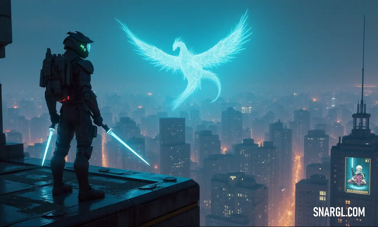 A person with a lightsaber standing on a ledge overlooking a sprawling cityscape A figure stands boldly on the edge of a ledge with a lightsaber in hand, gazing out over a sprawling cityscape, embodying bravery and the allure of an adventurous life amidst futuristic urban surroundings.
