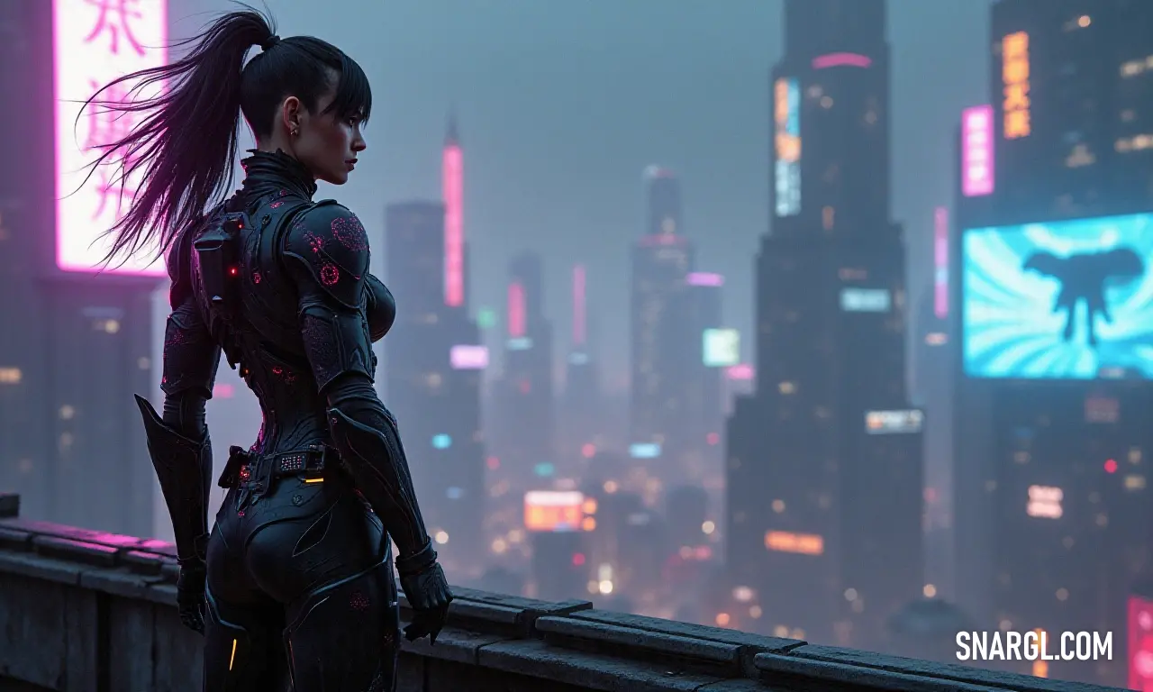 A woman overlooking a vibrant futuristic city at night filled with neon lights A woman stands on a rooftop, captivated by the dazzling lights of a futuristic city at night, while panoramic neon displays reflect off her face, creating a mesmerizing interplay between humanity and technology.