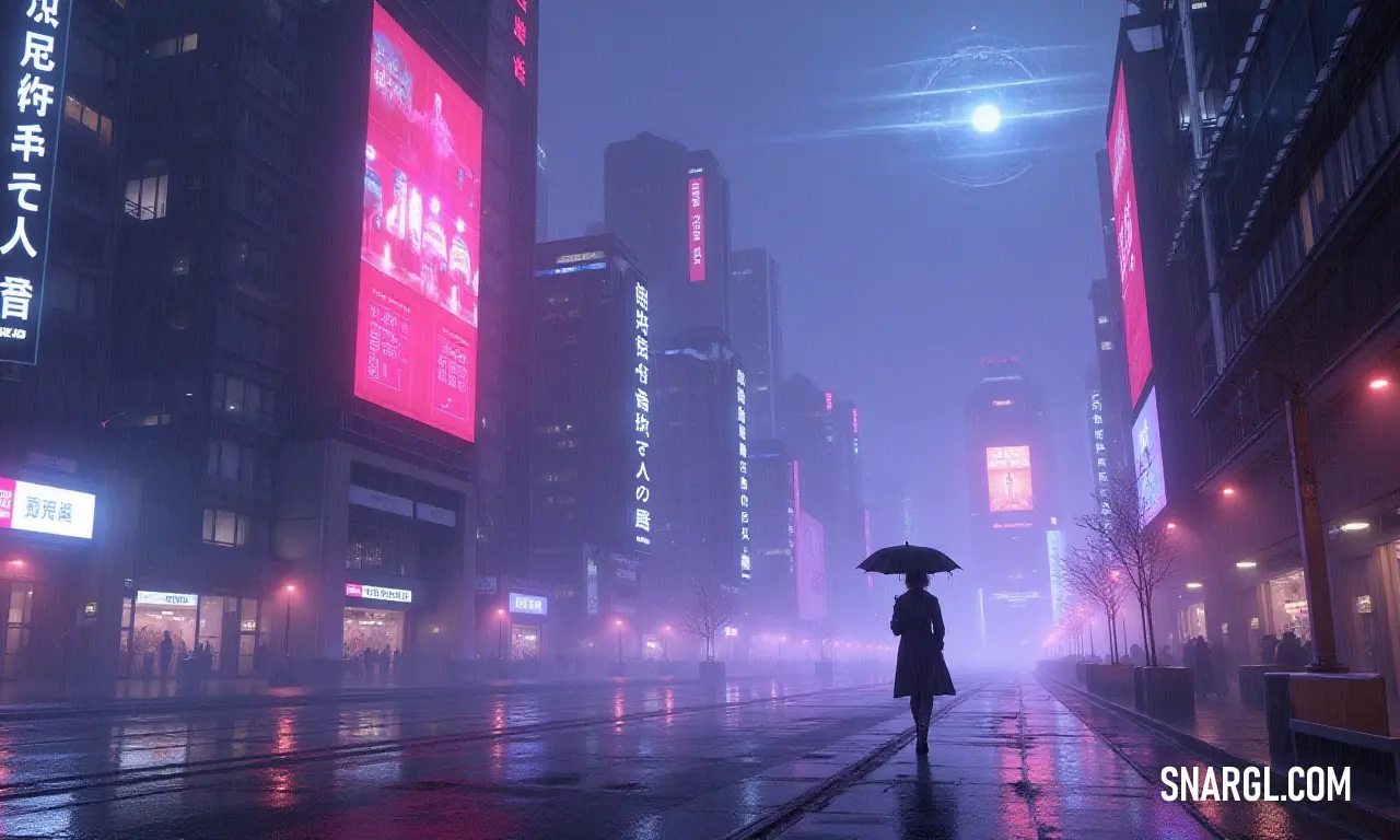 A woman strolling with an umbrella on a rainy night in a vibrant cityscape A woman walks gracefully down a rain-soaked street, her umbrella shielding her from the drizzle as she navigates the reflective surfaces of a vibrant city lit by the warm glow of street lights against a dramatic night sky.