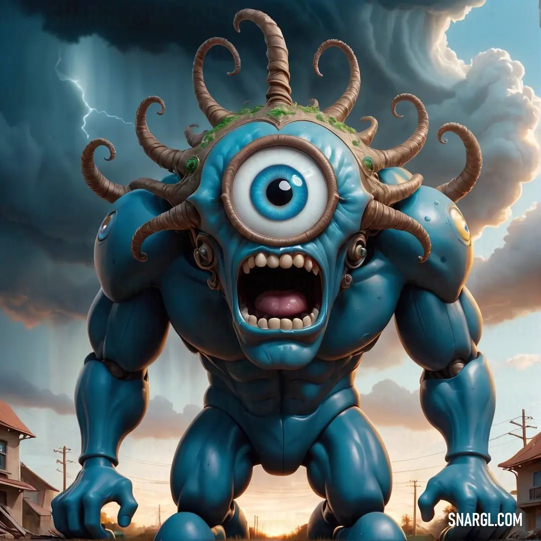 Cartoon character with a huge blue Cyclop like head