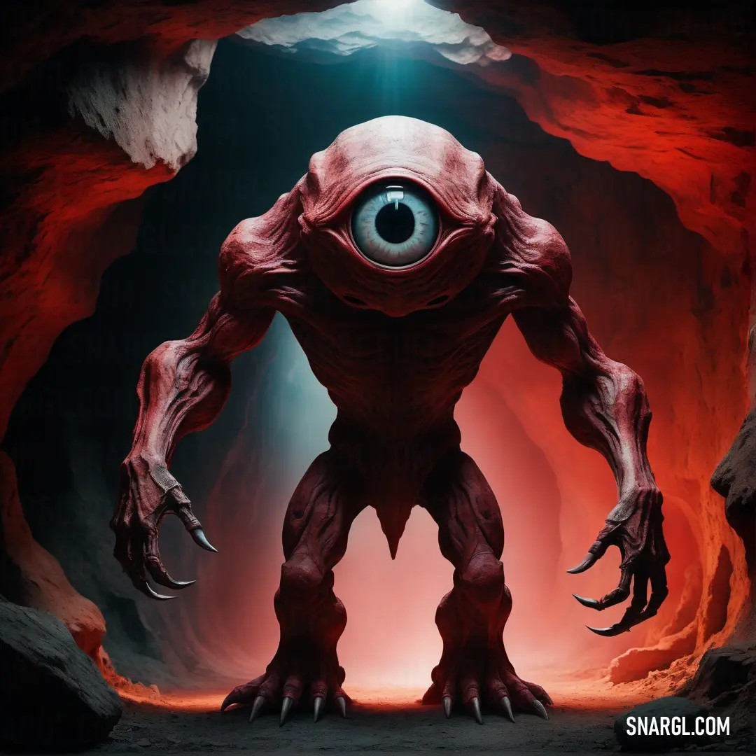 Giant Cyclop with a huge eye in a cave with a light coming from it's center and a red glow coming from its eyes