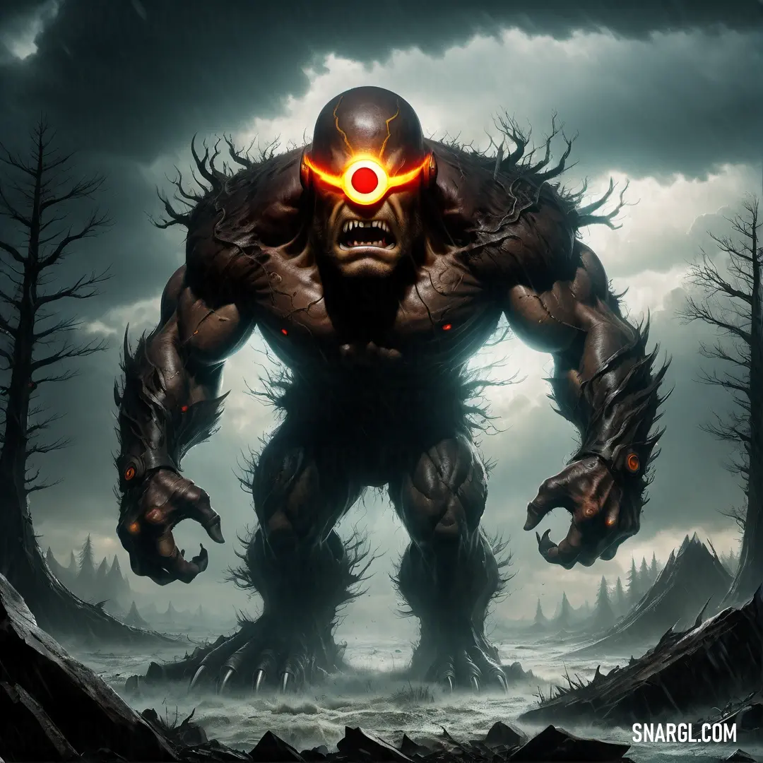 Giant Cyclop with glowing eyes and a red glowing eyeball in its mouth is in a dark forest